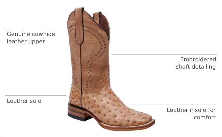 Genuine Leather Ostrich Print Square Toe Western Boots L763