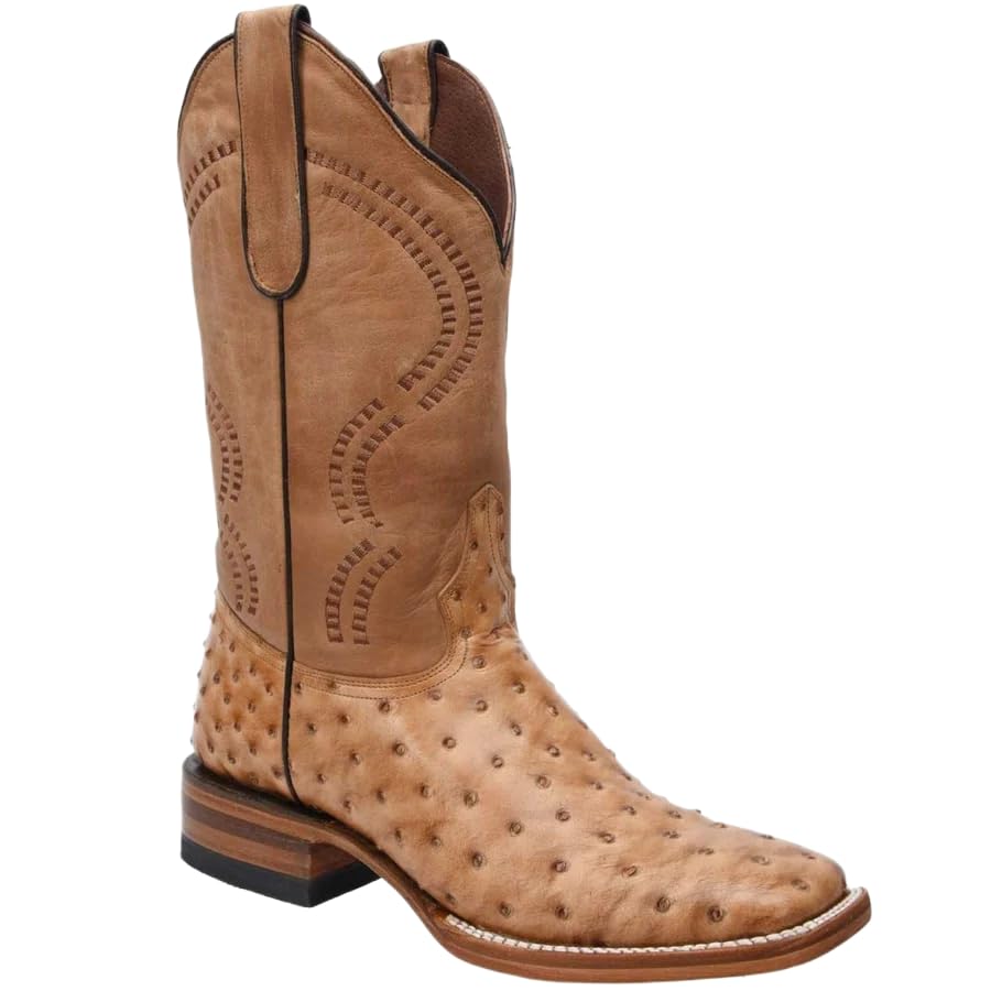 Genuine Leather Ostrich Print Square Toe Western Boots L763