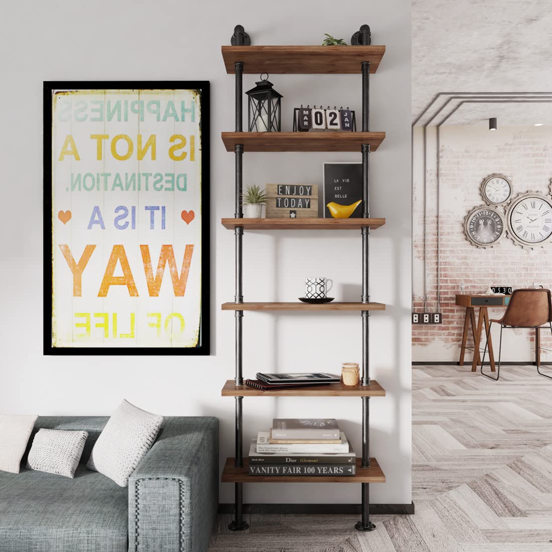 Industrial Pipe 6 Tier Bookshelf W2437
