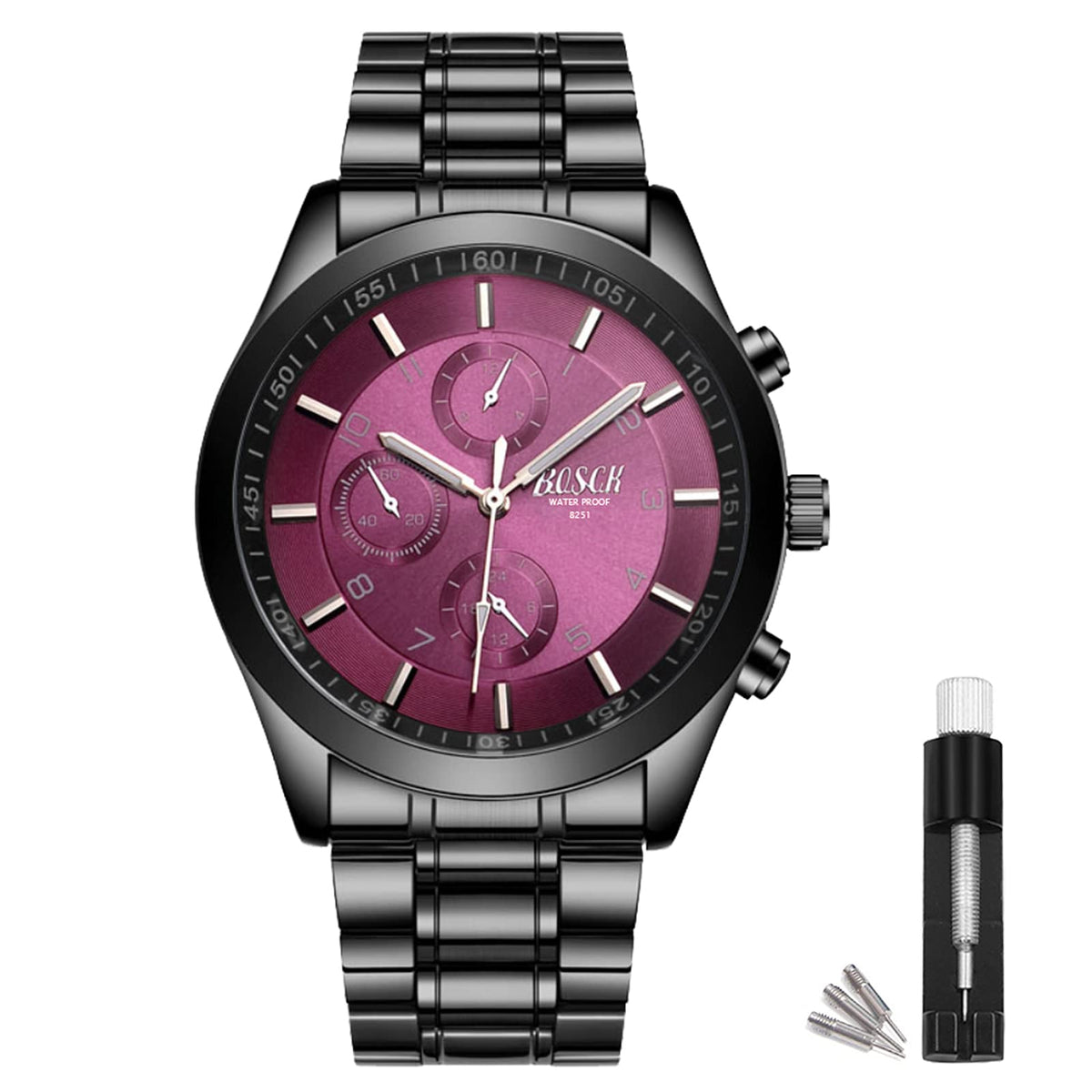 40mm Analog Watch with Auto Date & Day Display, Stainless Steel, 30M Waterproof T535