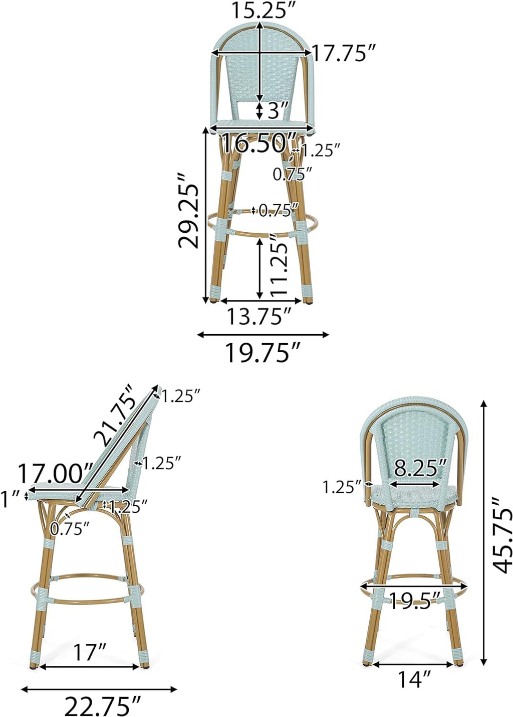 29.5" PE Rattan Aluminum Bar Stools, Set of 2, Light Teal W1976
