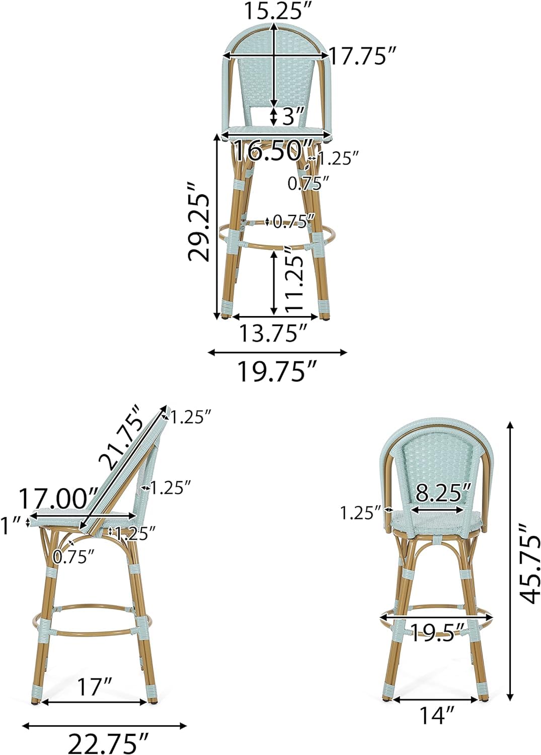 29.5" PE Rattan Aluminum Bar Stools, Set of 2, Light Teal W1976