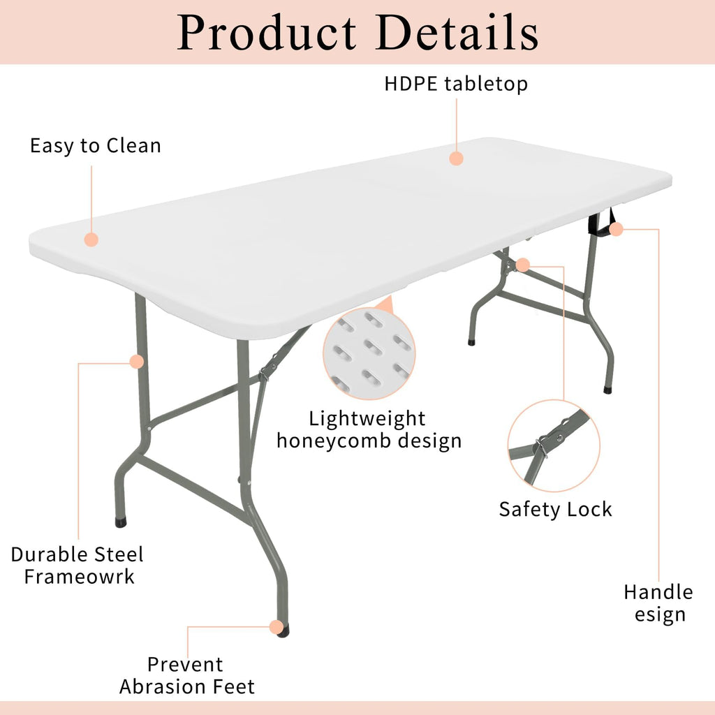 Set of 2 Lightweight 6FT Rectangular Plastic Folding Tables with Steel Legs K69984