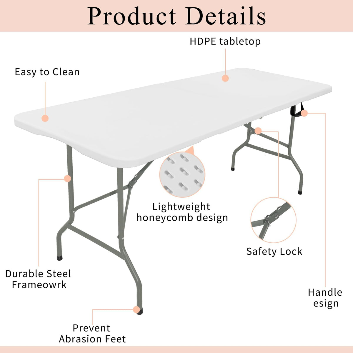 Set of 2 Lightweight 6FT Rectangular Plastic Folding Tables with Steel Legs K69984