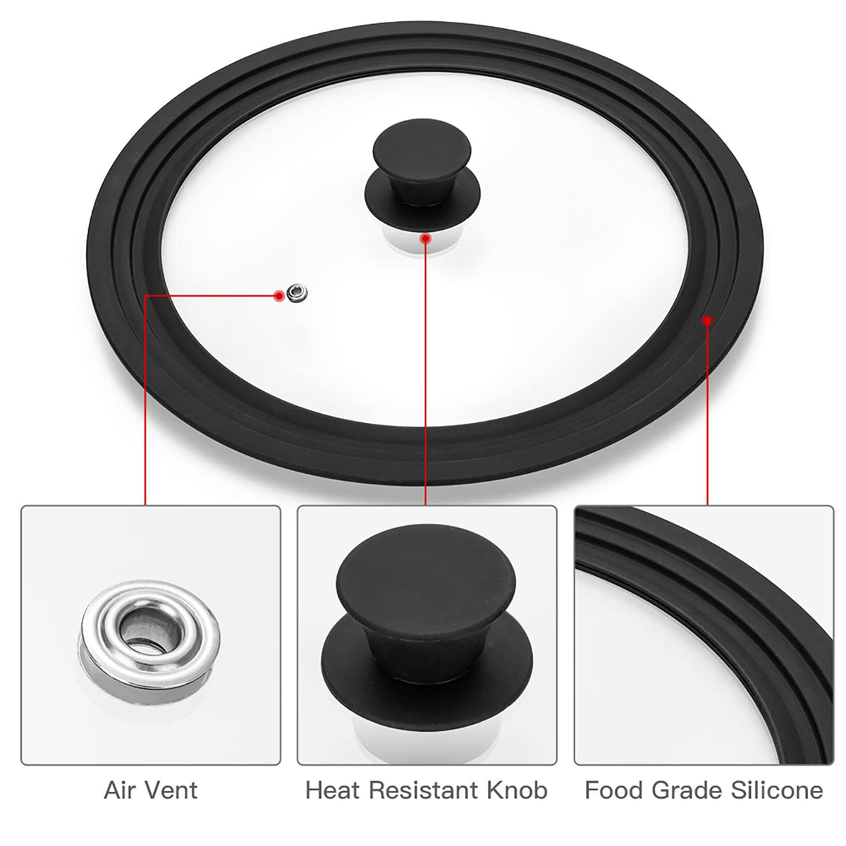 Vented Tempered Glass Universal Lid with Silicone Rim, Fits 11-12.5 inch Cookware, Black V32642