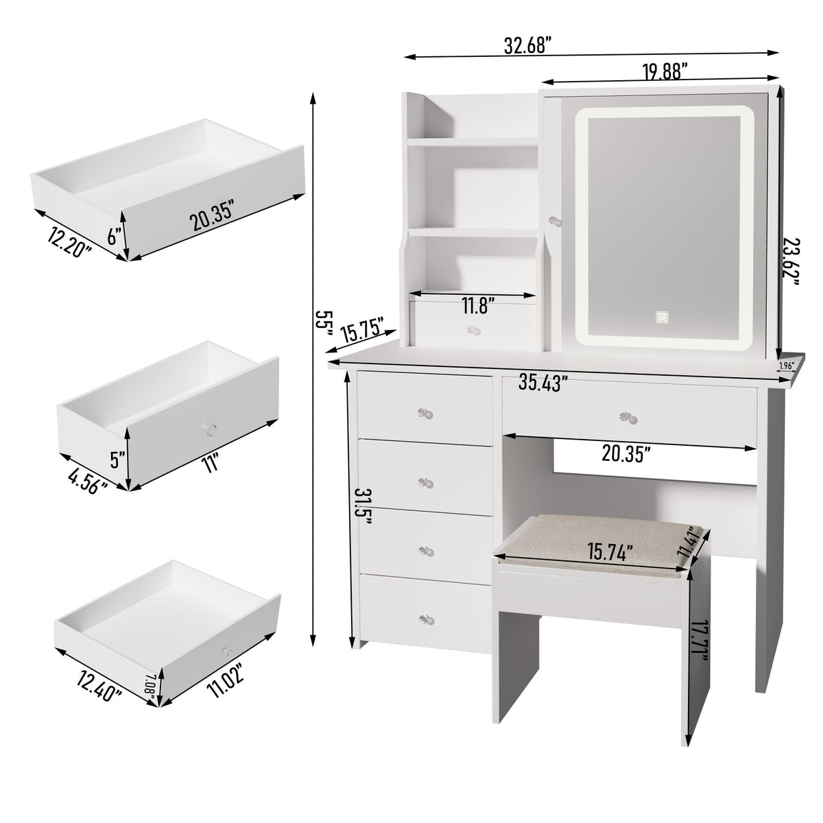 White Makeup Vanity Desk with LED Lights Mirror Q605