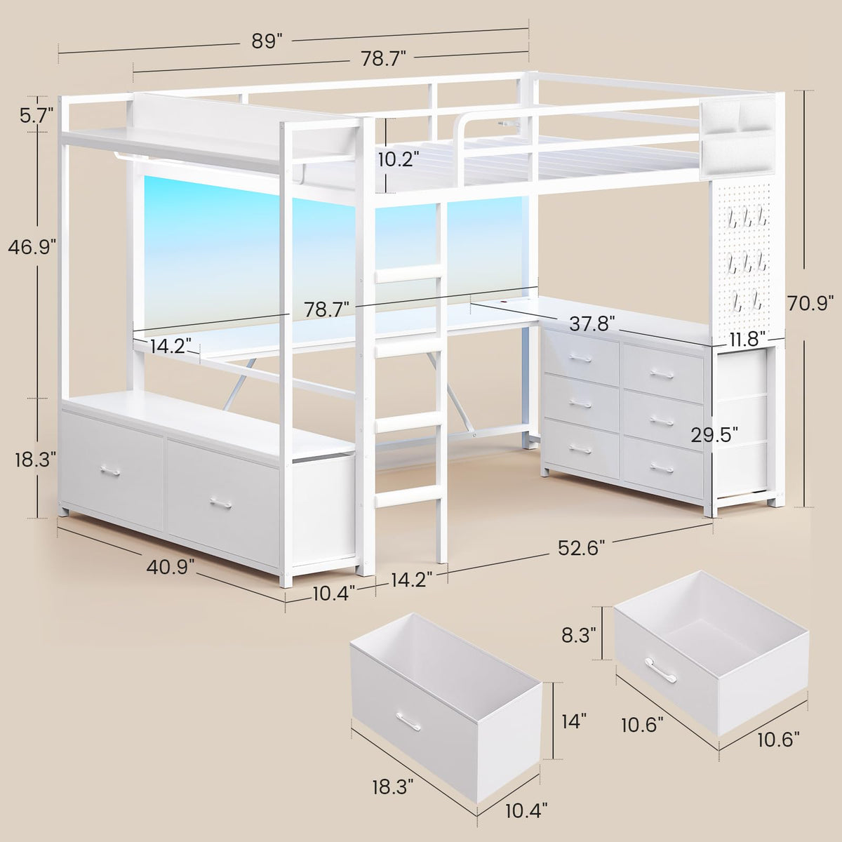 White Twin Loft Bed with L-Shaped Desk and 8 Storage Drawers N688710