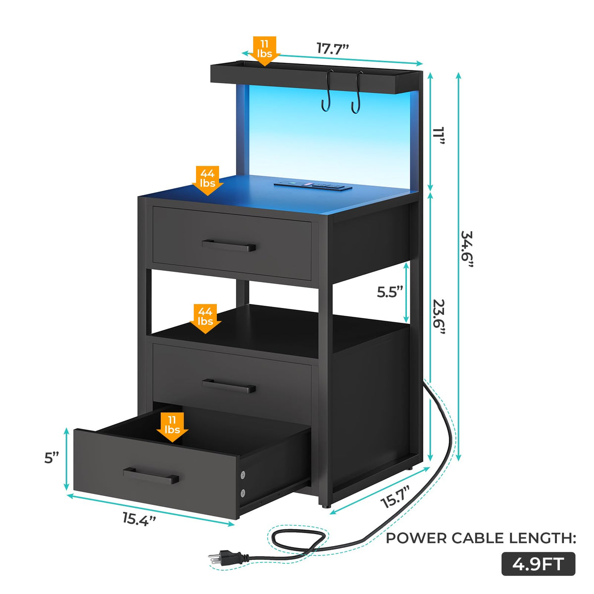 Black 3 Drawer Nightstand with Charging Station Q2745