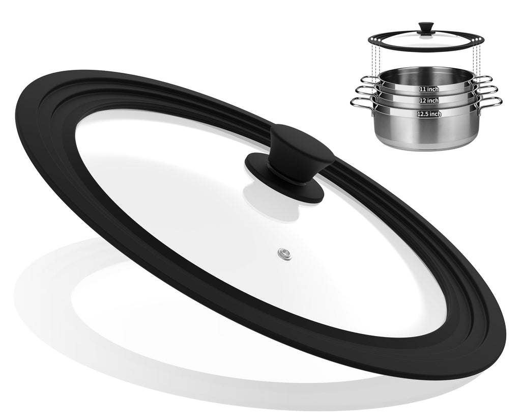 Vented Tempered Glass Universal Lid with Silicone Rim, Fits 11-12.5 inch Cookware, Black V32642