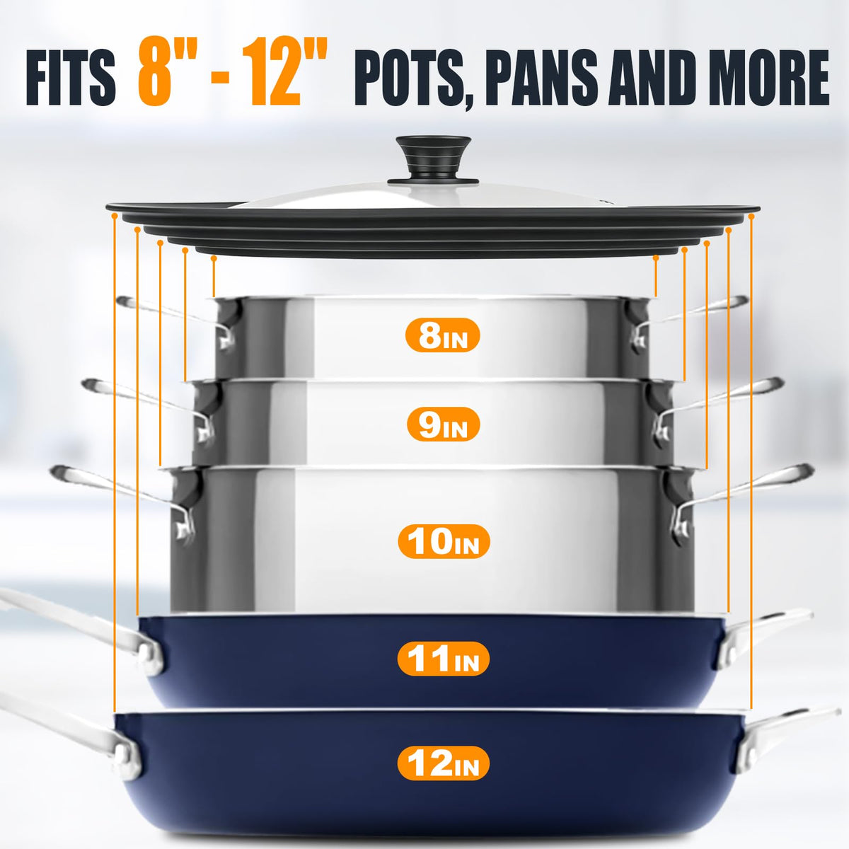 Universal Pan Lid with Heat Resistant Silicone Rim and Tempered Glass, Fits 8" to 12" Cookware S1951