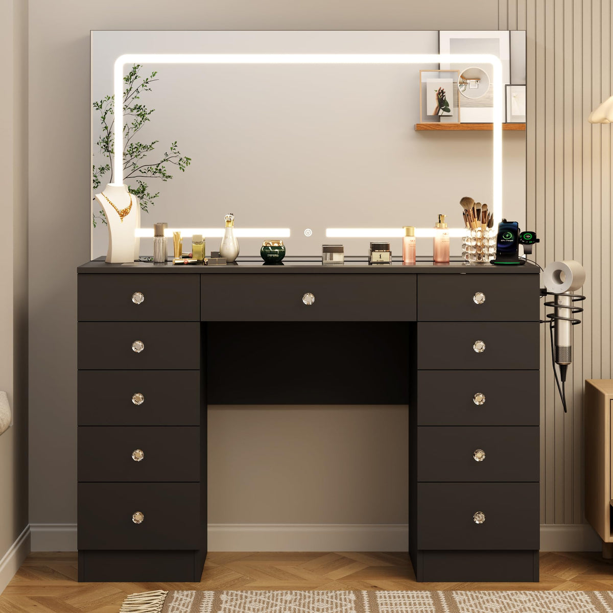 Black 11 Drawer Vanity Desk with Lighted Mirror Y735666