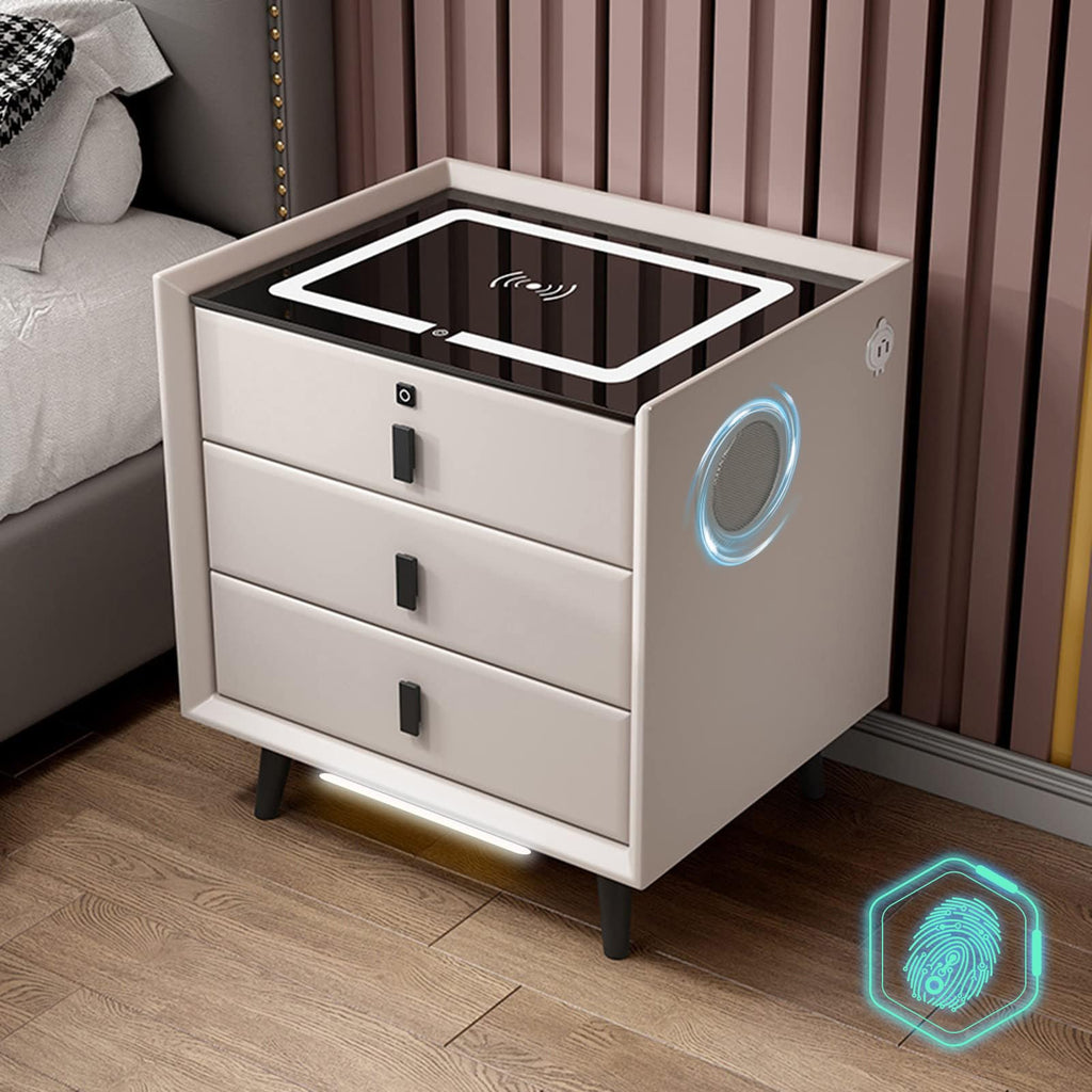 White Nightstand with Wireless Charging Station and Fingerprint Lock Drawer V5454