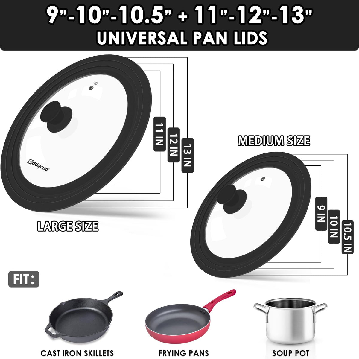 2 Pcs Universal Silicone Tempered Glass Pan Lids Dishwasher Safe U5441