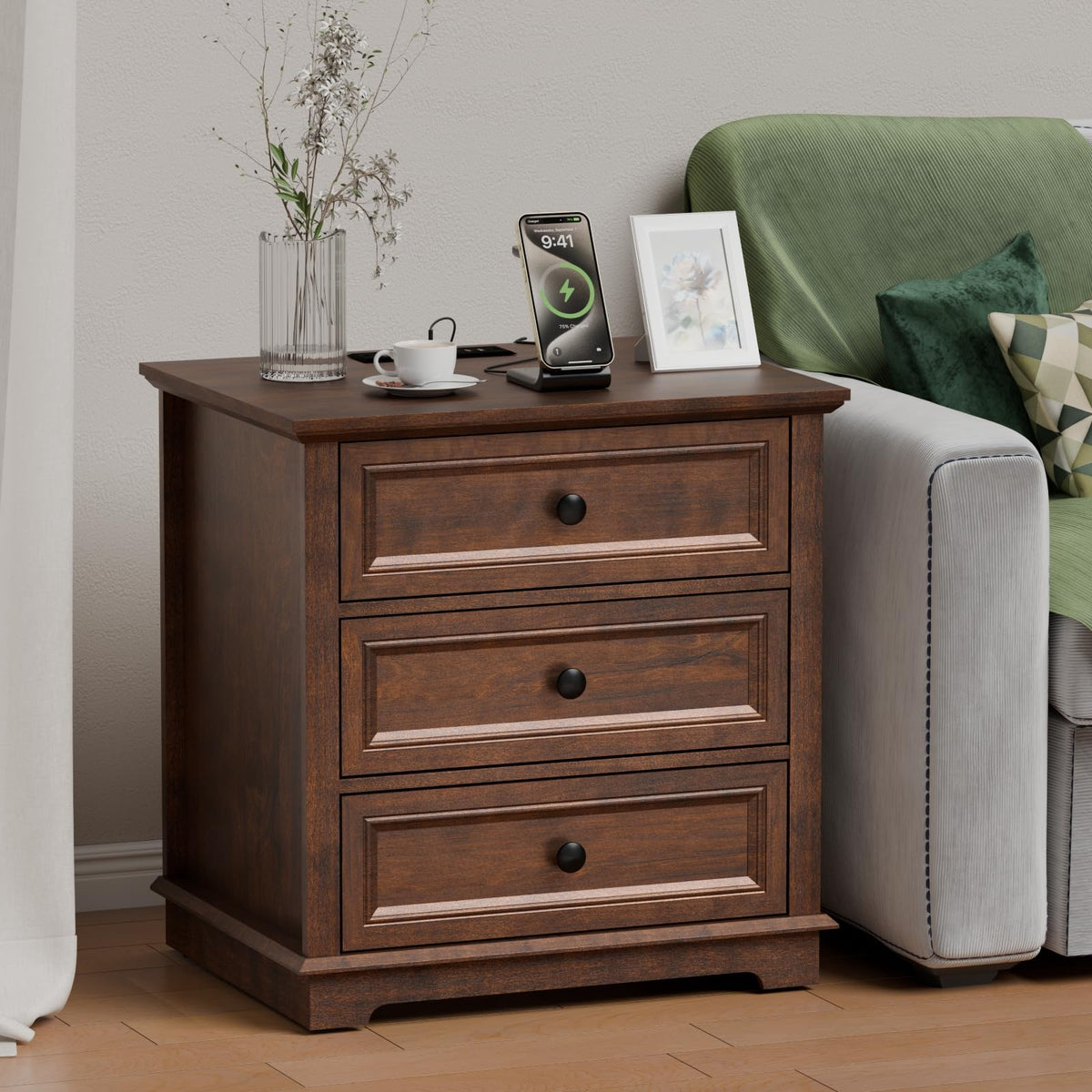 Cherry 3 Drawer Wood Nightstand with Charging Station U1394