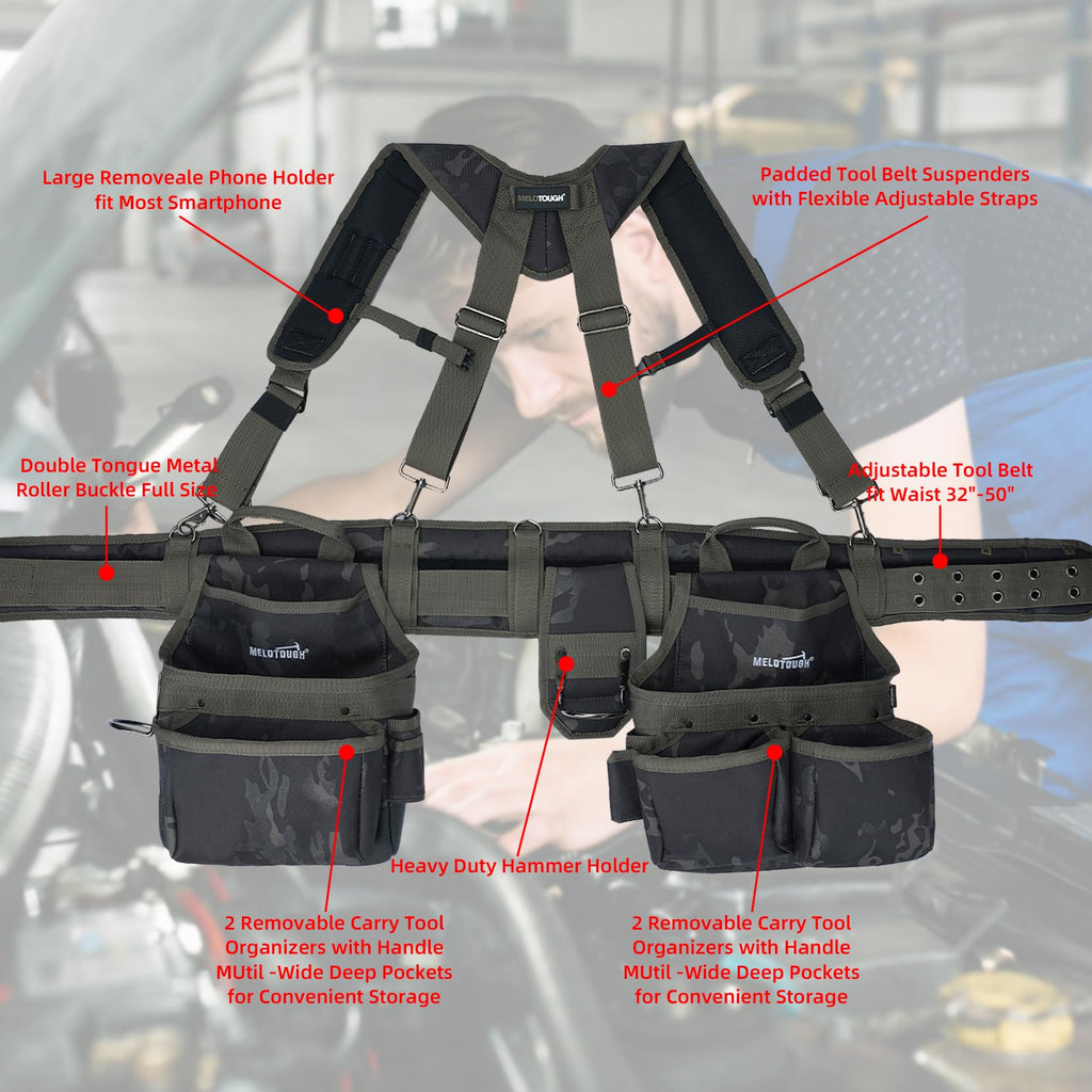 Camo Tool Belt with Suspenders Tool Pouch Organizer Heavy Duty W721456