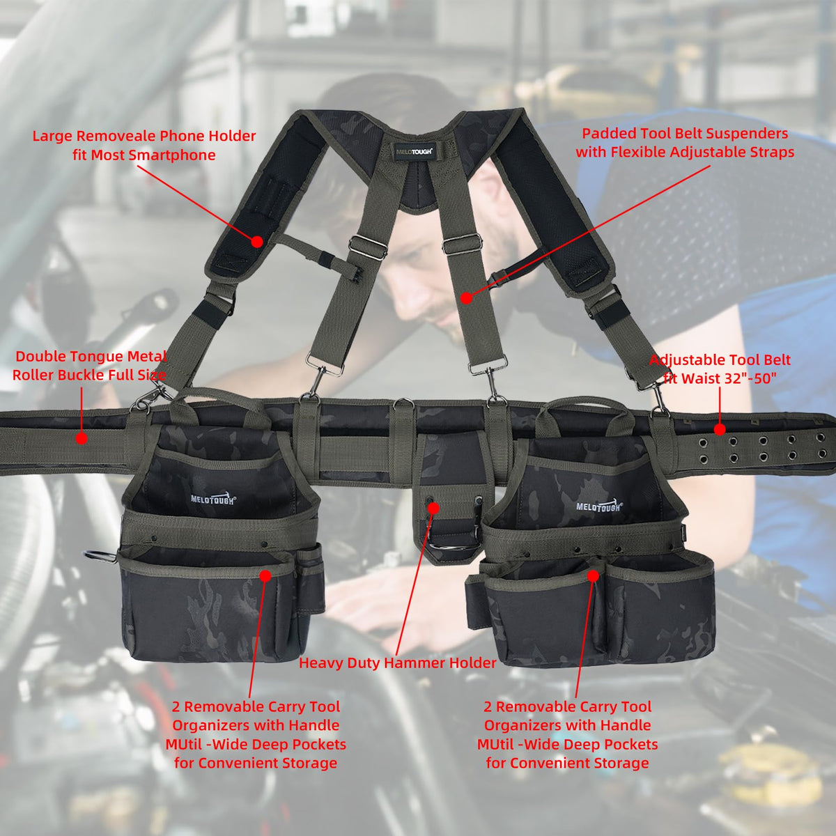 Camo Tool Belt with Suspenders Tool Pouch Organizer Heavy Duty W721456