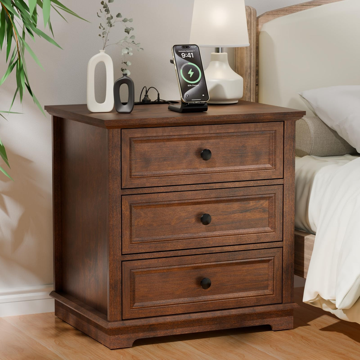 Cherry 3 Drawer Wood Nightstand with Charging Station U1394