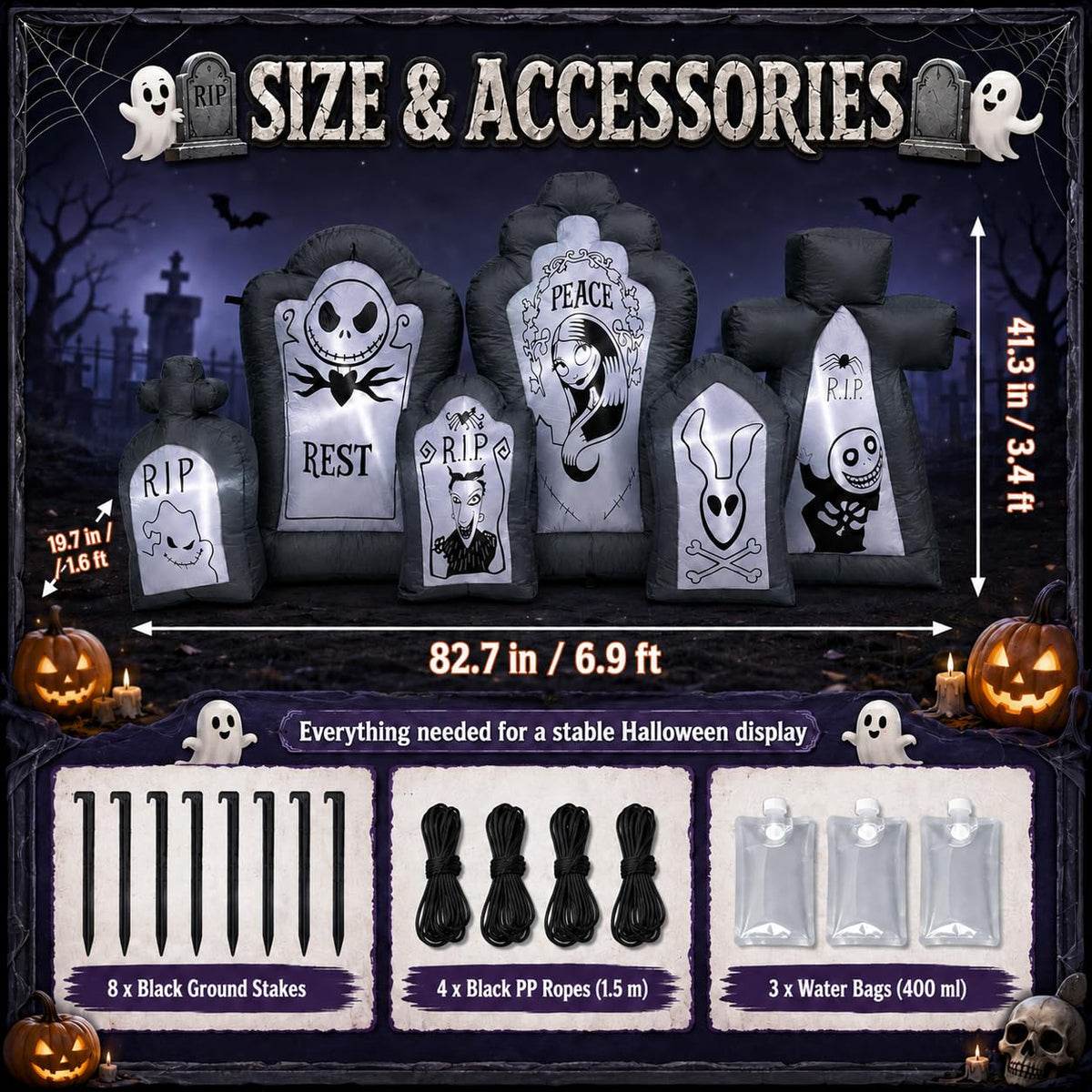 6.9FT Inflatable Tombstone Set with Built-in LED Lights W698