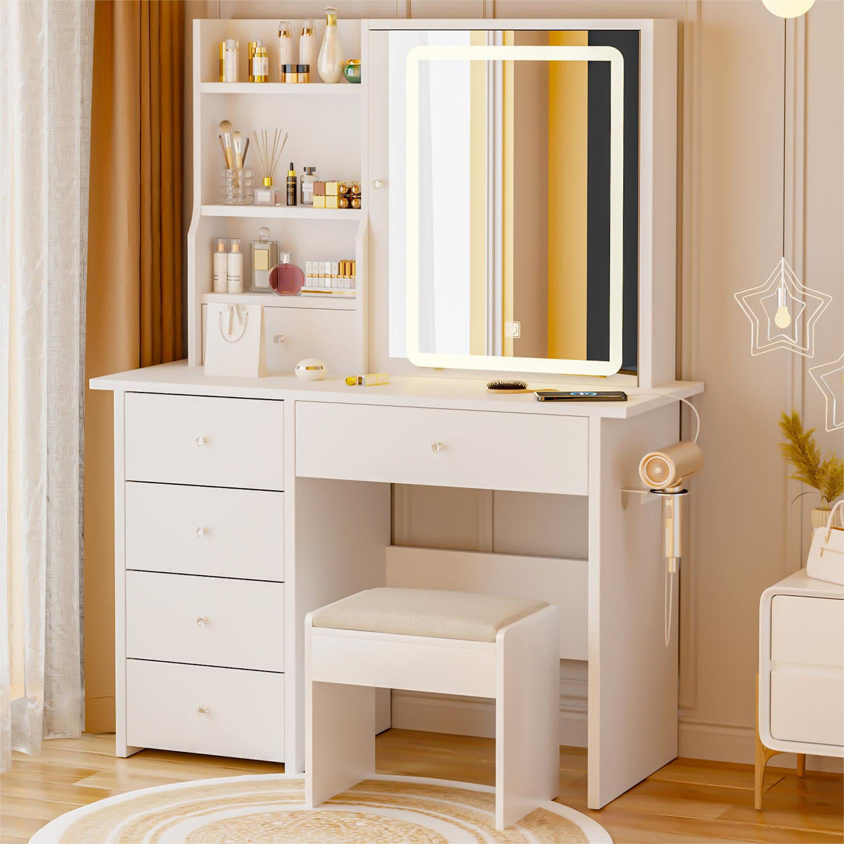 White Makeup Vanity Desk with LED Lights Mirror Q605