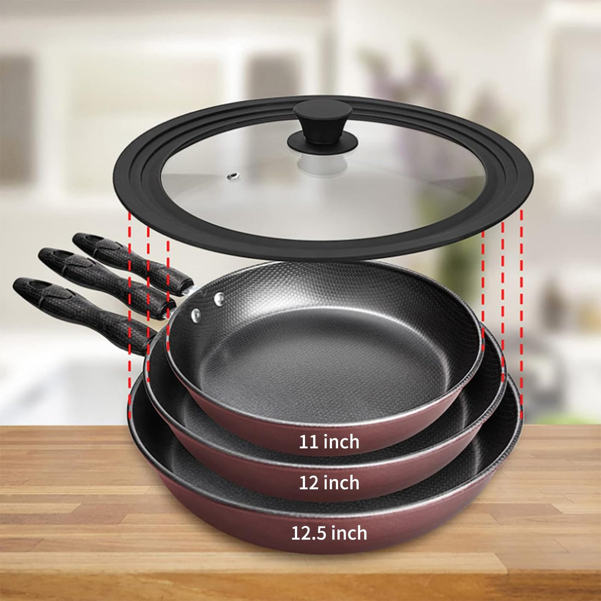 Vented Tempered Glass Universal Lid with Silicone Rim, Fits 11-12.5 inch Cookware, Black V32642