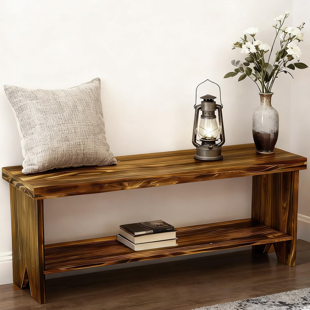 Solid Wood Entryway Bench with Storage Shelf V47566