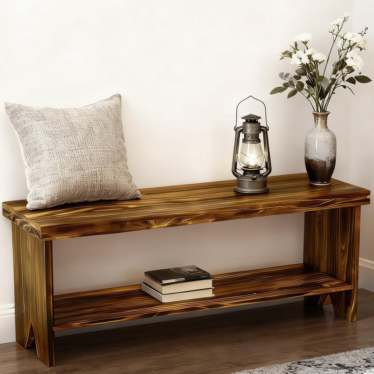 Solid Wood Entryway Bench with Storage Shelf V47566