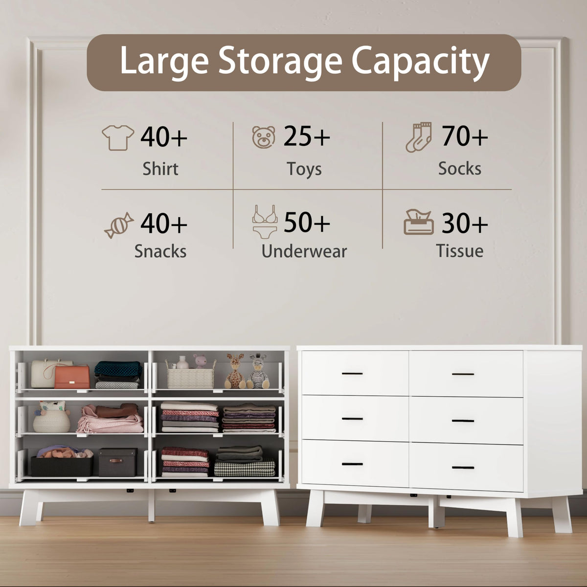 White 6 Drawer Wood Dresser B8920