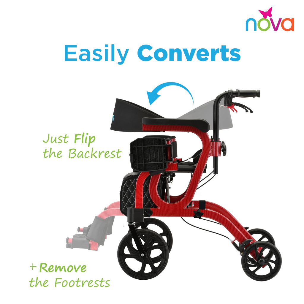 2-in-1 Rollator & Transport Wheelchair with Seat, Red R12639