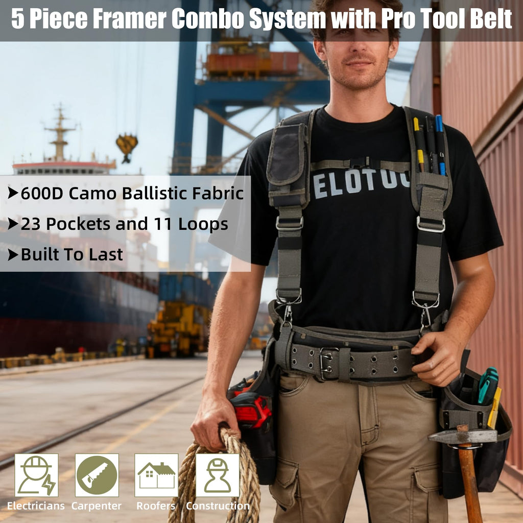 Camo Tool Belt with Suspenders Tool Pouch Organizer Heavy Duty W721456