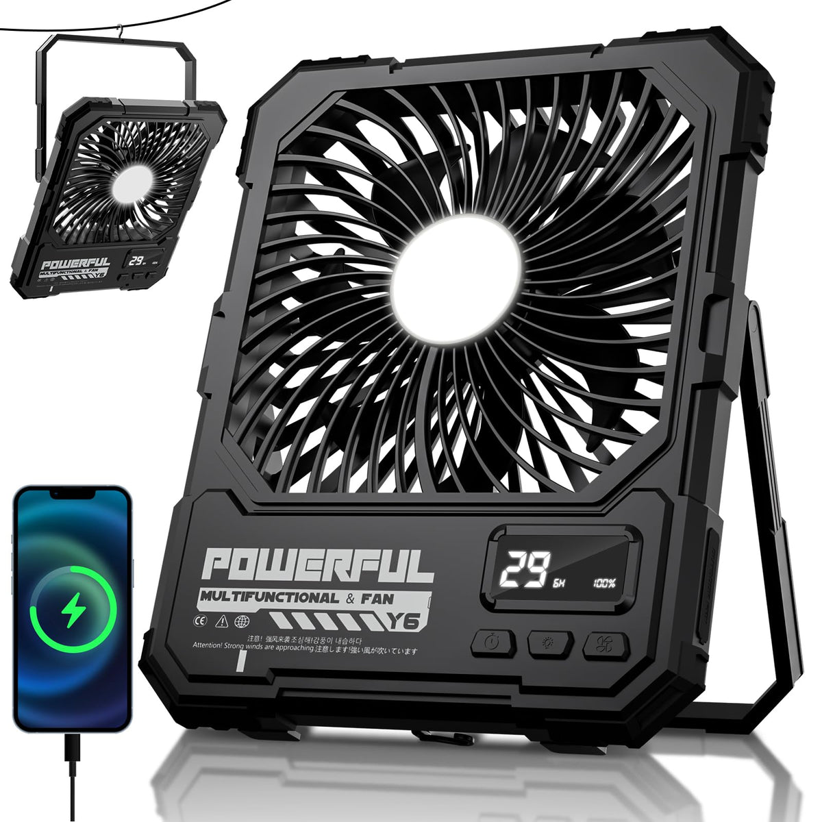 20000mAh Rechargeable Battery Powered Fan with LED Light P512