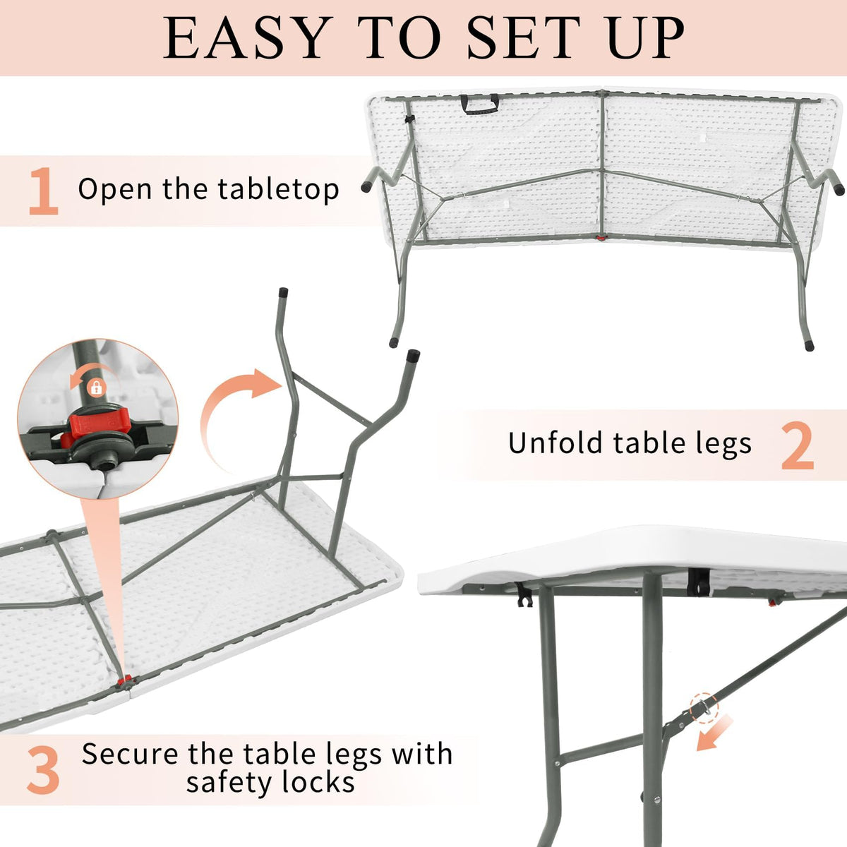 Set of 2 Lightweight 6FT Rectangular Plastic Folding Tables with Steel Legs K69984