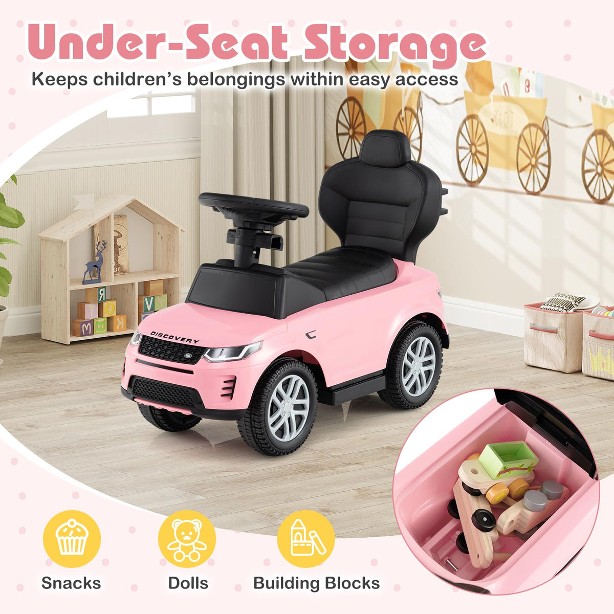 3 in 1 Push Car with Handle, Horn Sound, Underneath Storage, Armrest Guardrail, Foot-to-Floor Ride On Toy (Pink) M935873