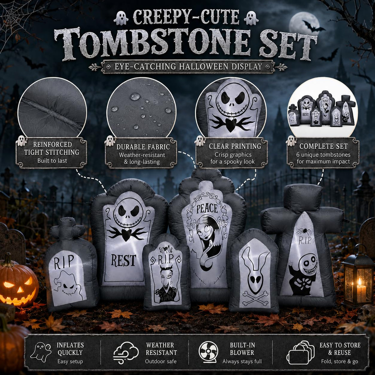 6.9FT Inflatable Tombstone Set with Built-in LED Lights W698