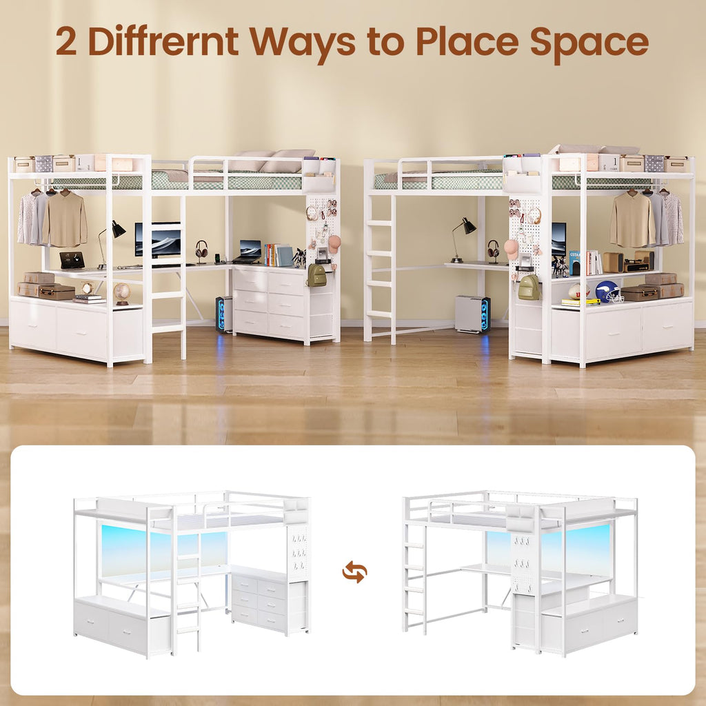 White Twin Loft Bed with L-Shaped Desk and 8 Storage Drawers N688710