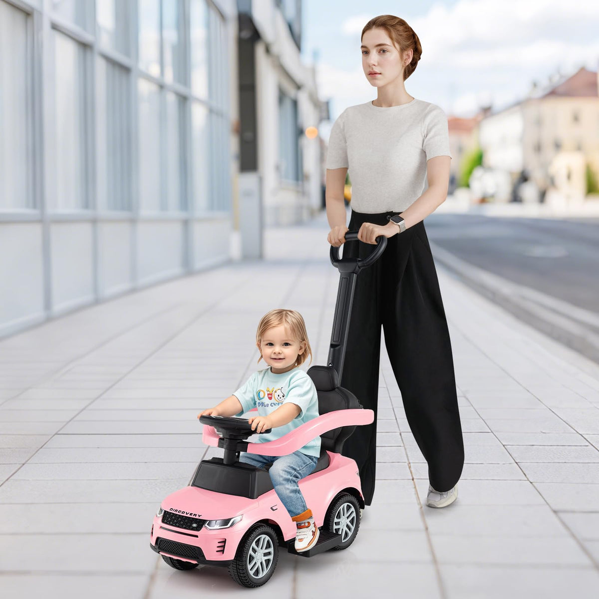 3 in 1 Push Car with Handle, Horn Sound, Underneath Storage, Armrest Guardrail, Foot-to-Floor Ride On Toy (Pink) M935873