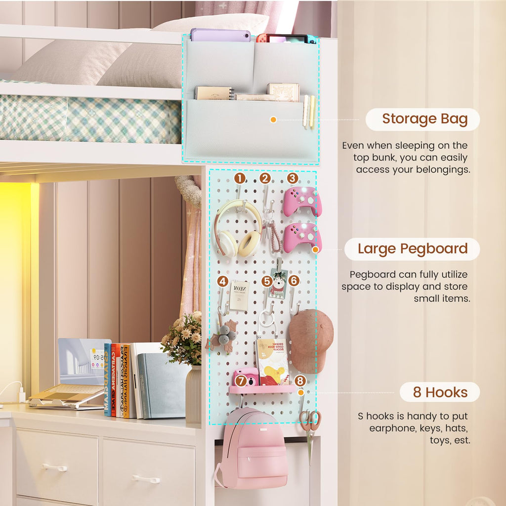 White Twin Loft Bed with L-Shaped Desk and 8 Storage Drawers N688710