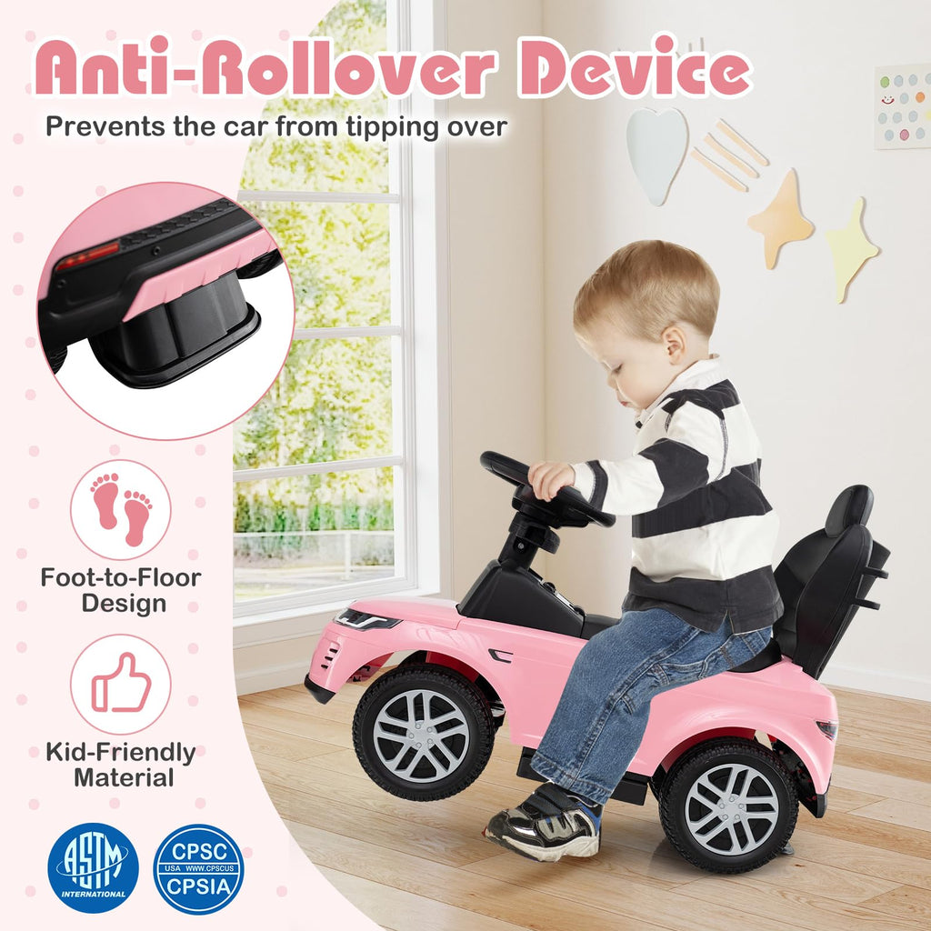 3 in 1 Push Car with Handle, Horn Sound, Underneath Storage, Armrest Guardrail, Foot-to-Floor Ride On Toy (Pink) M935873