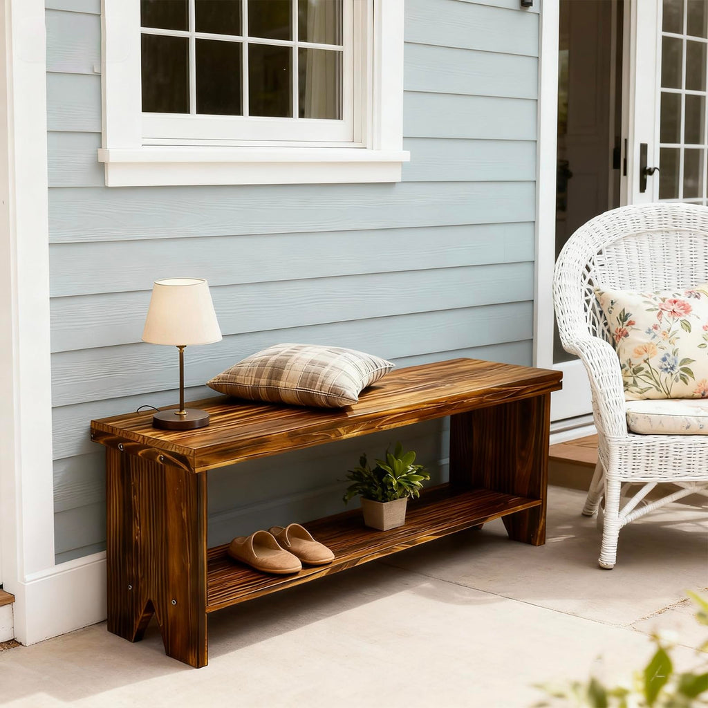 Solid Wood Entryway Bench with Storage Shelf V47566