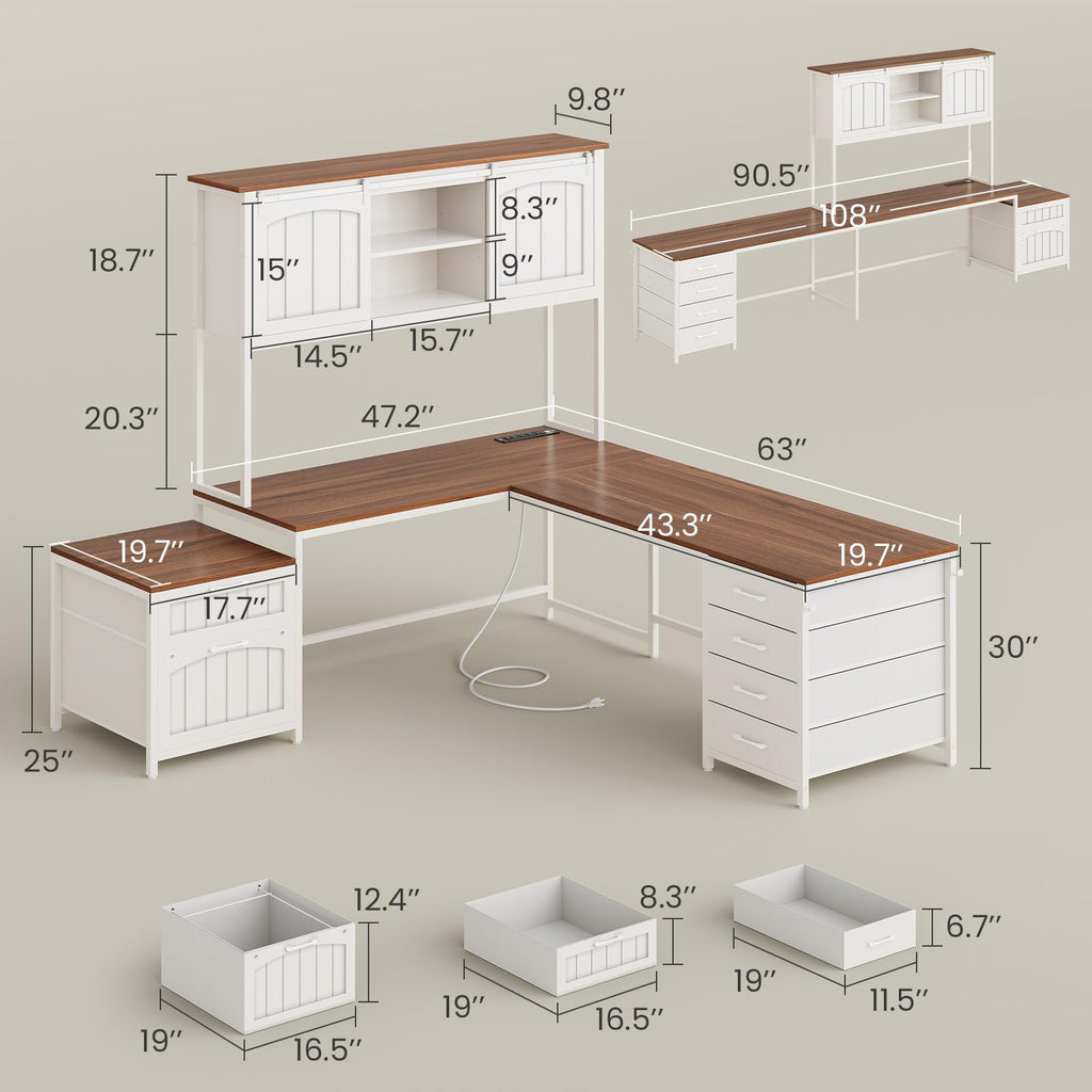 L Shaped Office Desk with 6 Drawer, Hutch B897