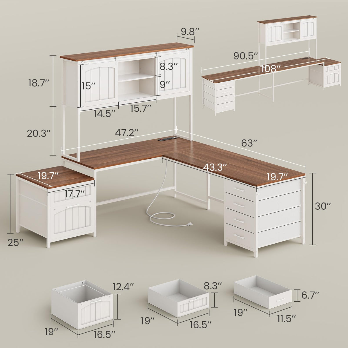 L Shaped Office Desk with 6 Drawer, Hutch B897