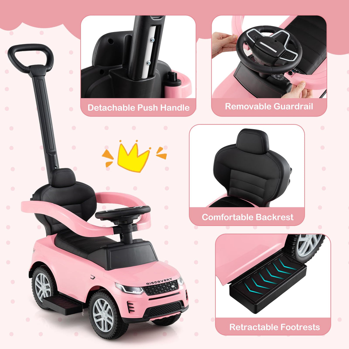 3 in 1 Push Car with Handle, Horn Sound, Underneath Storage, Armrest Guardrail, Foot-to-Floor Ride On Toy (Pink) M935873