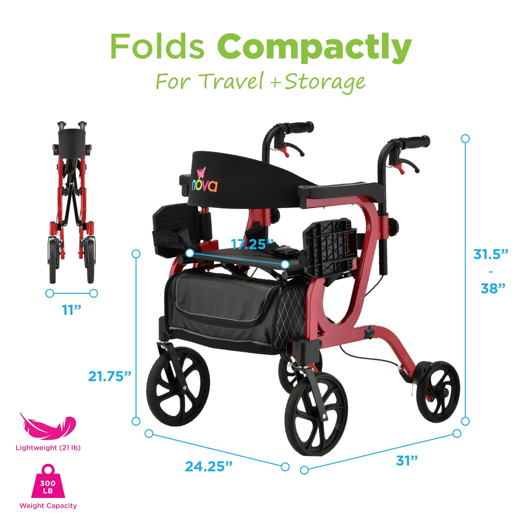 2-in-1 Rollator & Transport Wheelchair with Seat, Red R12639