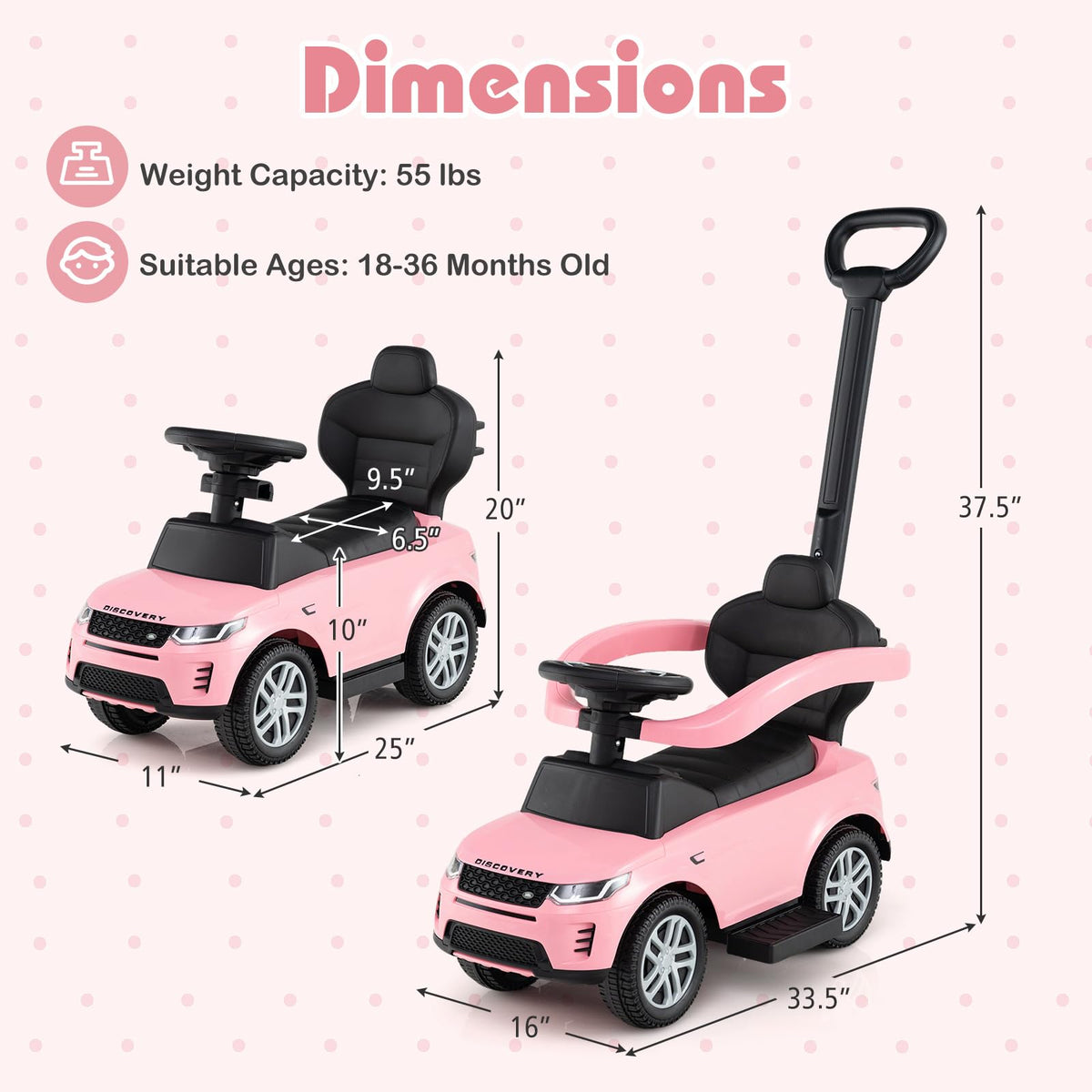 3 in 1 Push Car with Handle, Horn Sound, Underneath Storage, Armrest Guardrail, Foot-to-Floor Ride On Toy (Pink) M935873