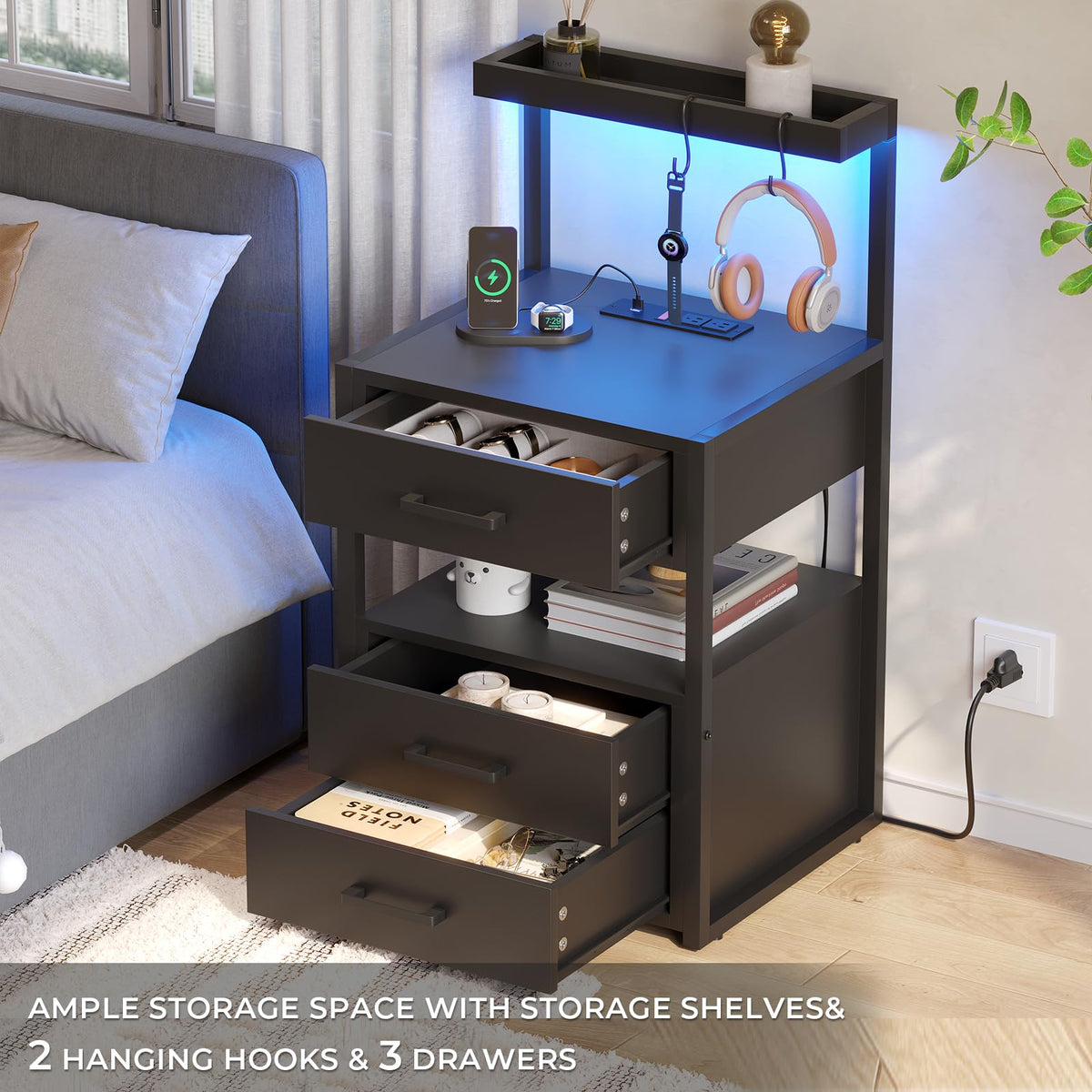 Black 3 Drawer Nightstand with Charging Station Q2745