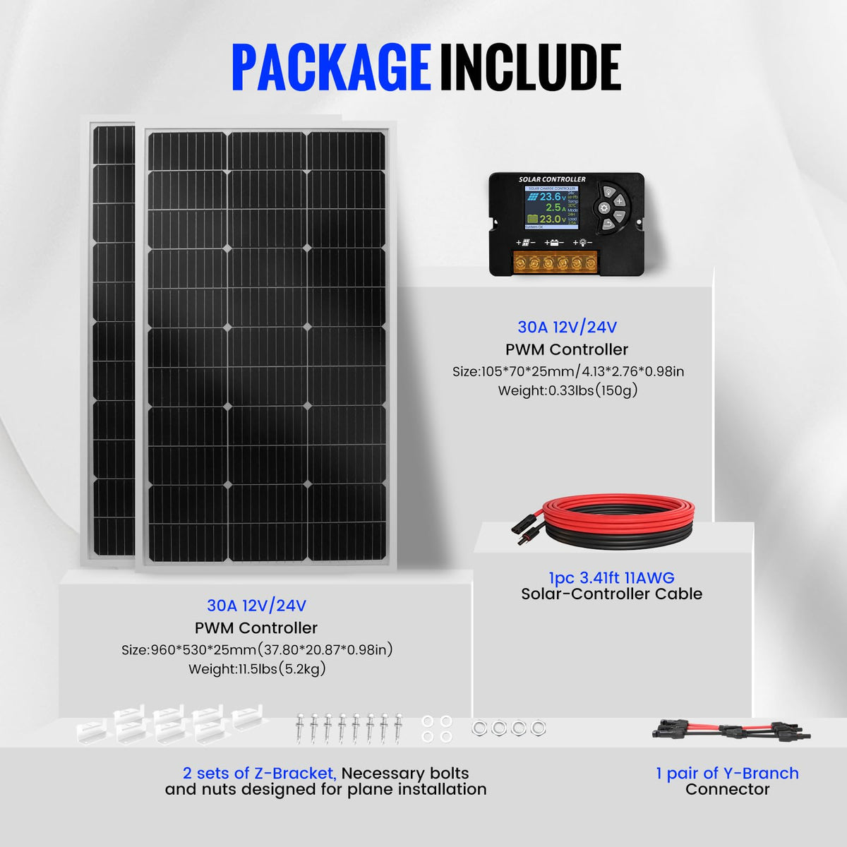 100W Monocrystalline Solar Panel Kit with 20A PWM Controller K60732