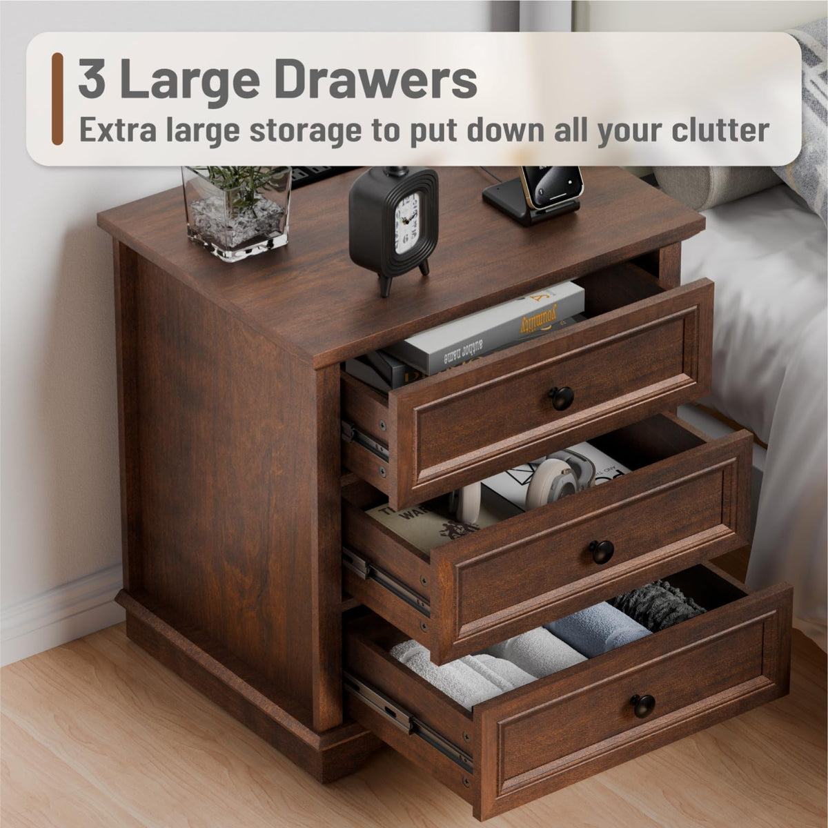 Cherry 3 Drawer Wood Nightstand with Charging Station U1394