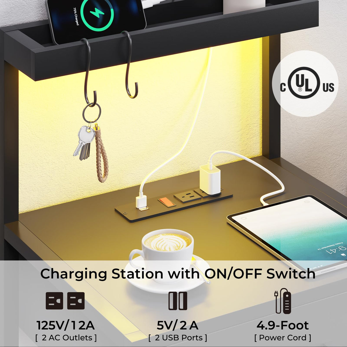 Black 3 Drawer Nightstand with Charging Station Q2745