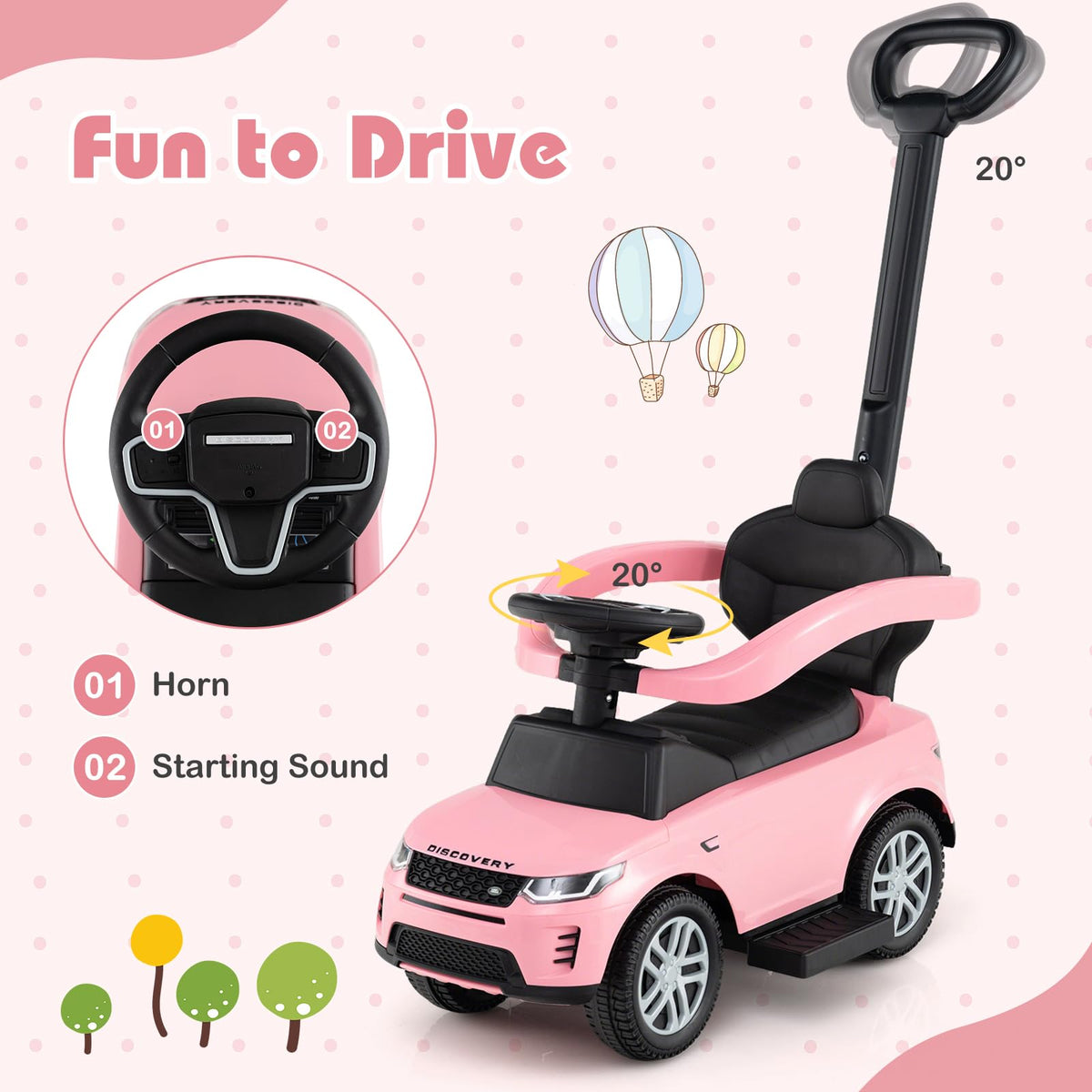 3 in 1 Push Car with Handle, Horn Sound, Underneath Storage, Armrest Guardrail, Foot-to-Floor Ride On Toy (Pink) M935873