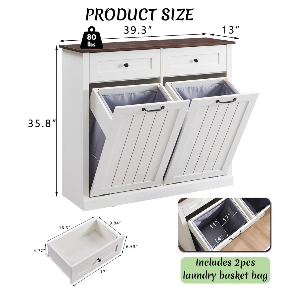 Double Tilt Out Laundry Hamper Cabinet Antique White O280