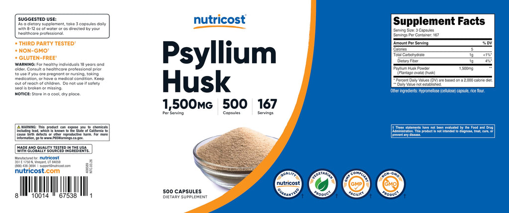 Psyllium Husk 1500mg 500 Capsules Gluten Free G876